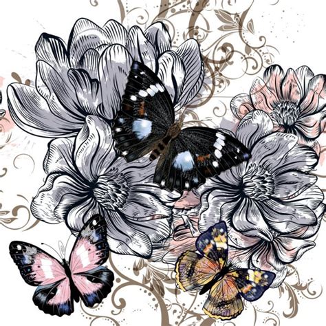Vector Illustration With Vintage Butterflies And Magnolia Flower Stock