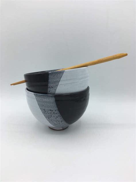 Ceramic Noodle Bowl Handmade Pottery Black And White Etsy