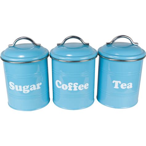 Blue Vintage Retro Style Metal Round Coffee Sugar Tea Caddy Set