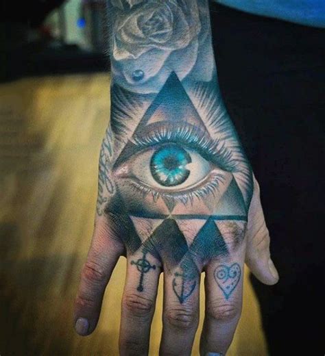 Black And Blue Shaded Eye Inside Traingle Tattoo Mens Hand Feather