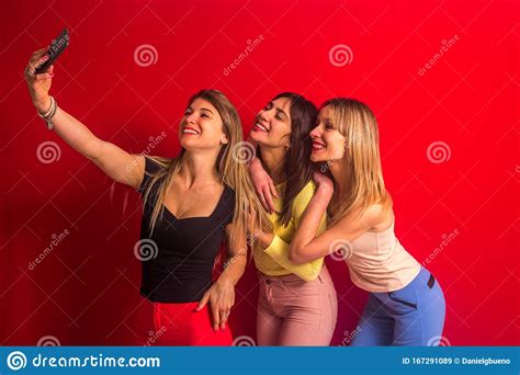 Three Girls Making A Selfie Stock Image Image Of Looking Lovely