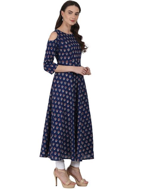 Available Off Shoulder Navy Blue Printed Flared Kurta Top Navastrani Boutique