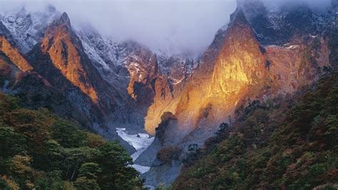 Nature Landscape Mountains Japan Trees Forest Ice Snow Valley Mist Sunrise Shadow