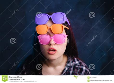 Young Attractive Woman Wearing Many Vibrant Retro Sunglasses Fa Stock