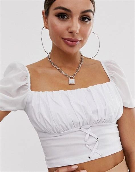 Naanaa Ruched Milkmaid Crop Top With Lace Up Front In White Asos