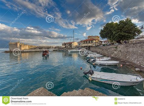 Sunset Panorama Of Fortification At The Port Of Nafpaktos Town Western