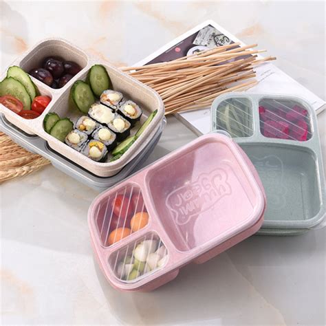 3 Grid Wheat Straw Microwavable Meal Storage Food Bento Box Lunch
