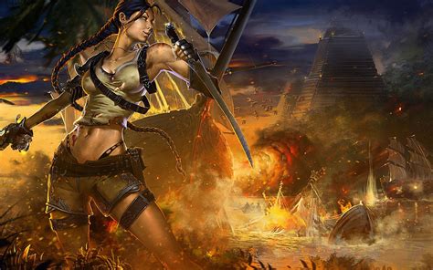 Warriors Fantasy Girls Tomb Raider Lara Croft Battle Warrior 2560x1396 ...