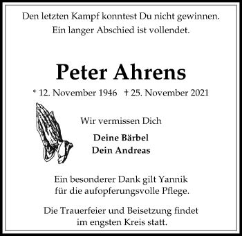 Traueranzeigen Von Peter Ahrens Trauer Anzeigen De