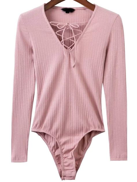 Pink Lace Up V Neck Bodysuit Sheinsheinside