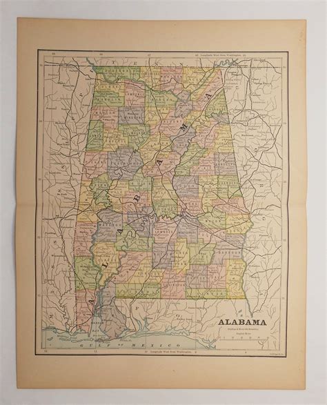Original Antique 1885 Map Of Alabama State Vintage Alabama Etsy