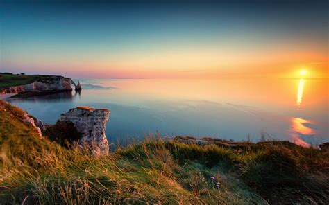 Sunset Cliffs Sea Coast Etretat France Wallpaper Nature And