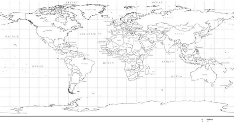 World Map With Countries Black And White Rectangular Map Projection