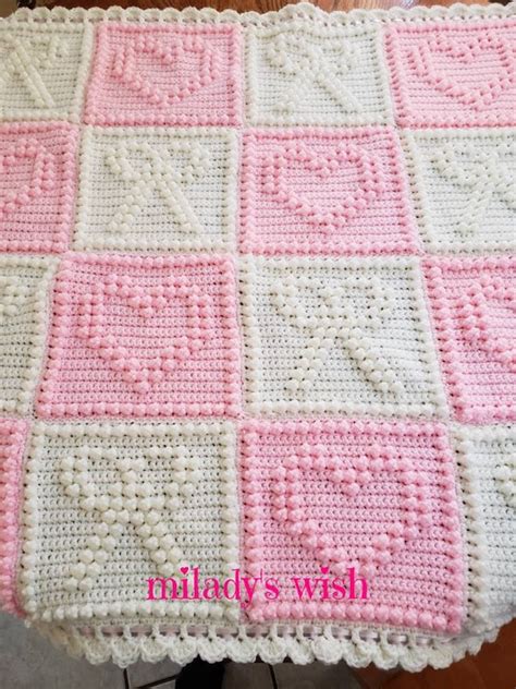 Hearts And Bows Baby Girl Blanket Crochet With Satin Ribbon Etsy