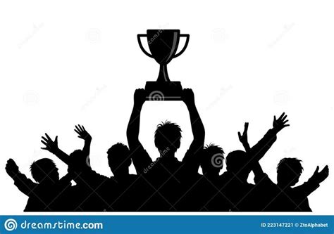 Silhouettes Of People Holding Up A Trophy Over Their Heads With Arms In