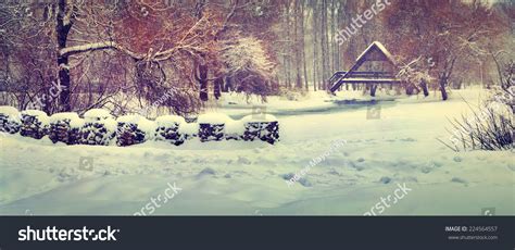 Panorama Of The First Snowfall In The City Park Retro Style Stock