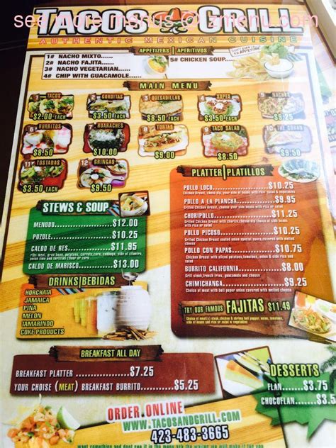 Menu At Tacos And Grill Mexican Cuisine Restaurant Johnson City