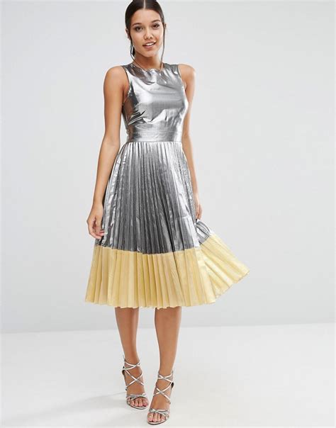 Asos Sheer And Solid Metallic Pleated Midi Dress In Metallic Lyst