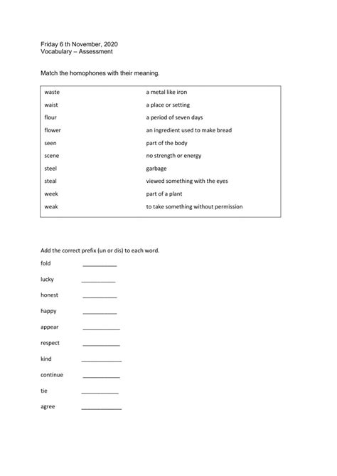 Vocabulary Assessment Interactive Worksheet