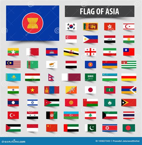 Set Of Official Flags Of Asia Floating Flag Design Stock Vector