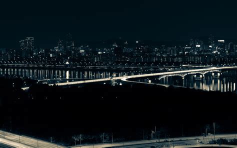 Download Wallpaper 3840x2400 Night City Bridge Glow Dark Aerial