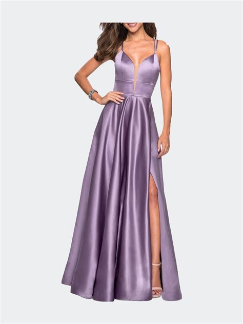 La Femme Long Satin Formal Gown With Leg Slit And Strappy Back In