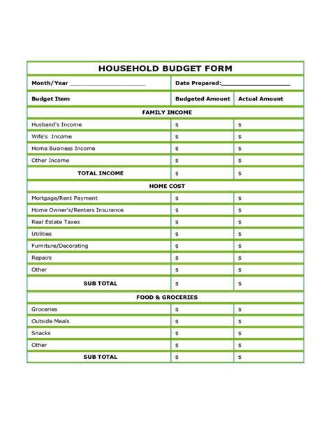 Blank Household Budget Form Free Download