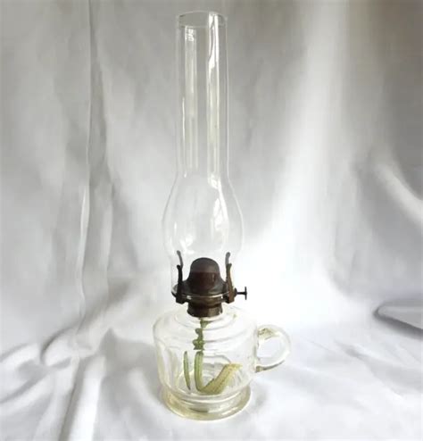 VINTAGE ANTIQUE FINGER Oil Lamp Chimney Clear Glass Brass Handheld
