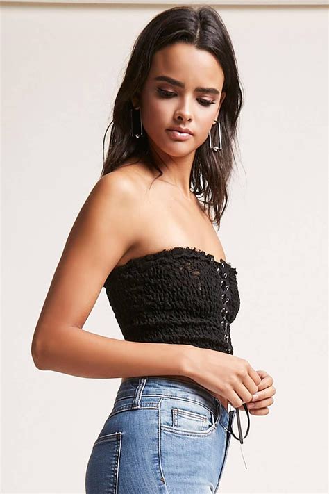 Lyst Forever 21 Smocked Lace Up Tube Top In Black