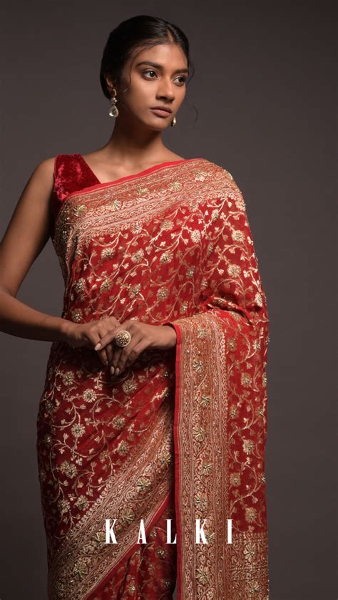 Red Khaddi Georgette Banarsi Saree With Zari Weaving With Floral Jaal