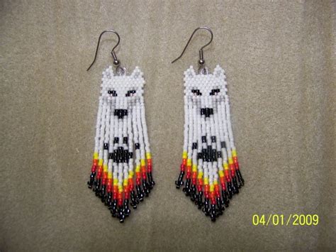 Hand Seed Bead White Wolf Native Style Beaded Earrings Native American Beadwork Patterns