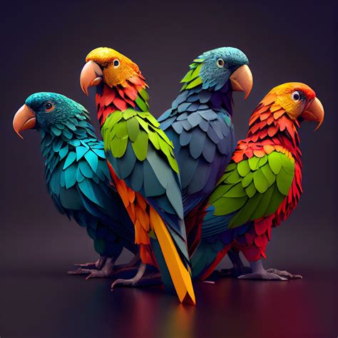 Colorful Parrots On A Black Background 3d Render Ai Generative Image