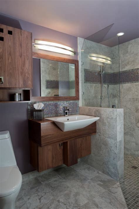 Lavender Midcentury Modern Bathroom With Gray Marble Tile