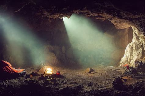 Premium Photo A Cave In The Mountains With A Campfire And A Sleeping