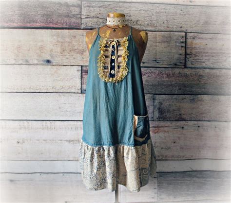Shabby Chic Dress Upcycled Recycled Denim Blue Chambray Lace Etsy