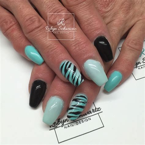 Teal ombré and black coffin gel nails with hand painted zebra print