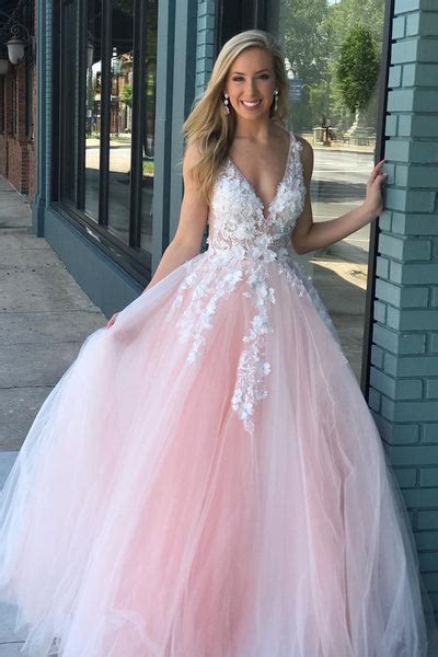 V Neck Pink Lace Long Prom Dress 2020 With Appliques V Neck Pink Form