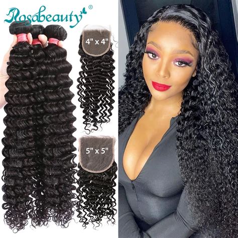 Rosabeauty Inch Deep Wave Bundles With Closure Peruvian Remy Human Hair Weaves Water Curly