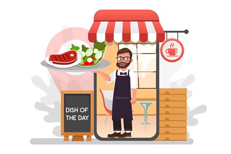 Waiter With Delivery Food From Restaurant 1090190 Vector Art At Vecteezy