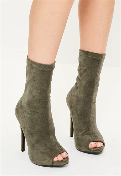 Missguided Khaki Faux Suede Peep Toe Platform Boots In Natural Lyst