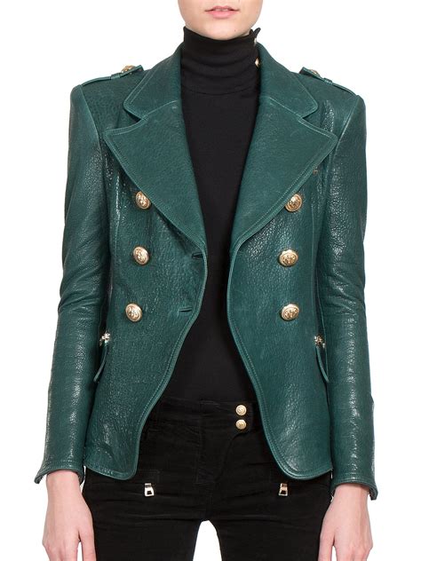 Balmain Double Breasted Leather Jacket In Green Lyst