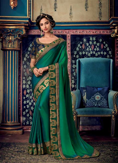 Satin Georgette Teal Saree Thread And Zari Embroidered Lace Border With