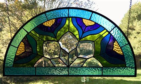 Half Round Arched Peacock Colored Bevel Cluster Hanging Etsy Stained Glass Windows Stained