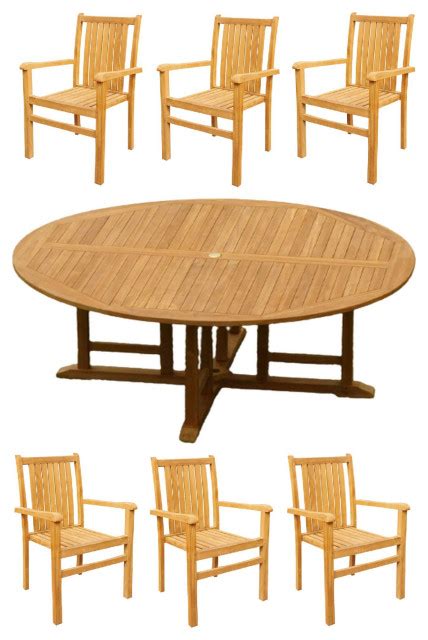 7 Piece Outdoor Teak Dining Set 72 Round Table 6 Cahyo Stacking Arm
