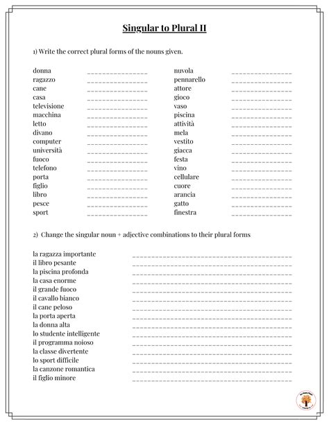 Italian Singular To Plural Worksheets Free Printable Download The