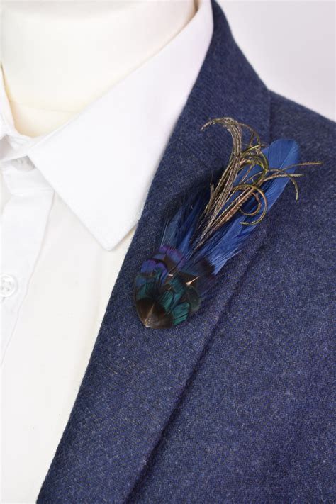 Feather Lapel Pin In Navy Blue And Green