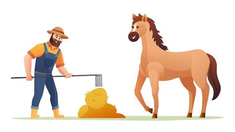 Premium Vector Farmer Feeding Horse With Hay Illustration