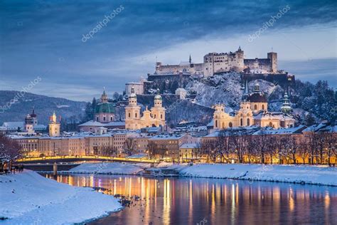 Historic City Of Salzburg In Winter At Dusk Salzburger Land Austria
