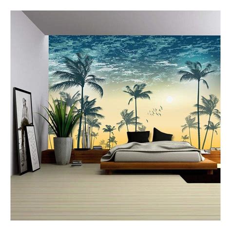 Vector Tropical Palm Tree Scene At Sunset Or Sunrise Highly Detailed