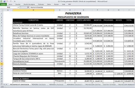 Corridas Financieras Proyectos Productivos Plantilla En Excel Panaderia
